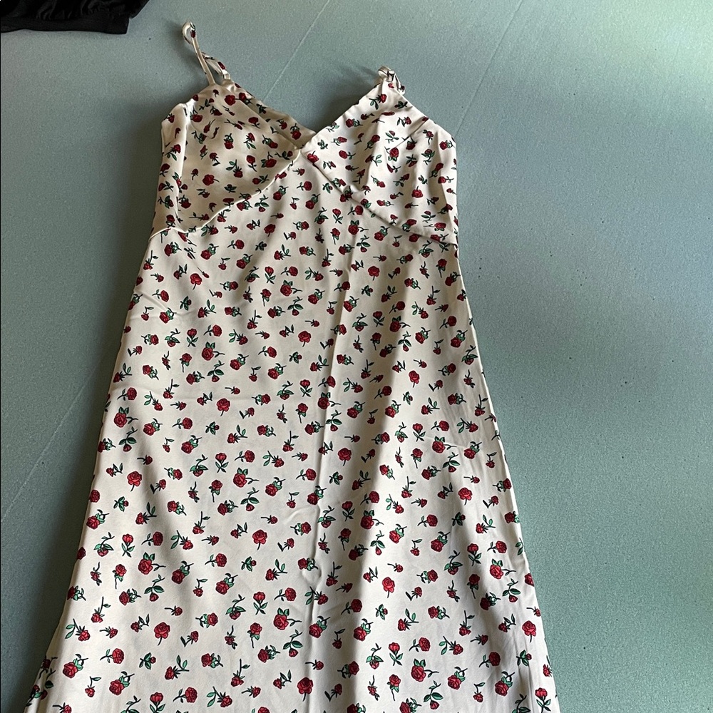 Floral Midi Dress - Cream with Red and Green Accents
